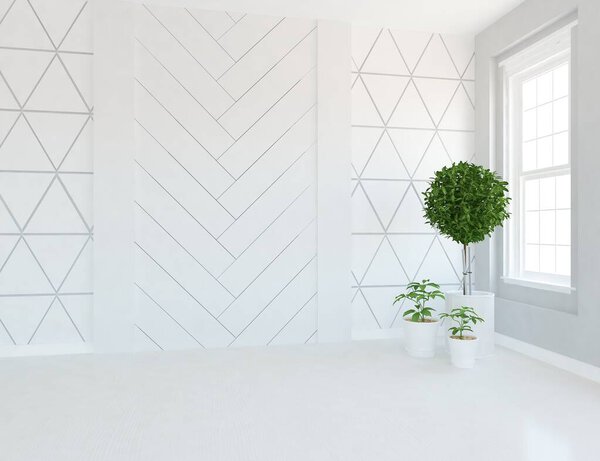 Idea of  empty scandinavian room interior with home plants . Home nordic interior. 3D illustration 