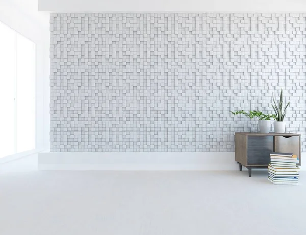 İçinde vazolar ve büyük duvarlar olan boş bir İskandinav odası fikri. İç kısımları kuzeyli. 3B illüstrasyon