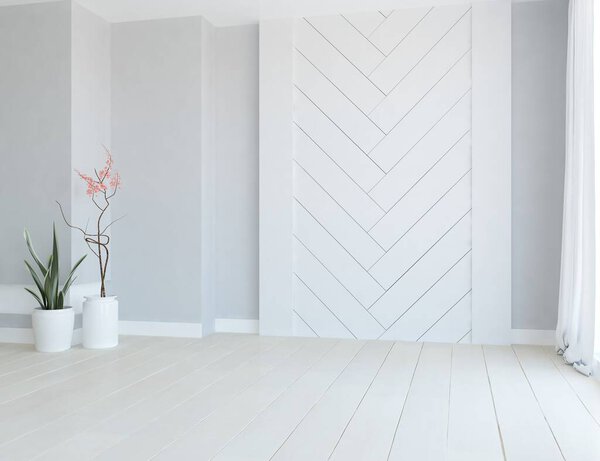Idea of a white empty scandianvian room interior with vases on wooden floor and large wall. Home nordic interior. 3D illustration