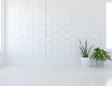 Beyaz boş bir İskandinav odası fikri. İçi ahşap zemin ve büyük duvarlarla dolu vazolarla dolu. İç kısımları kuzeyli. 3B illüstrasyon