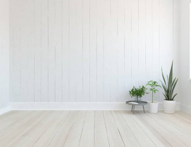 Beyaz boş bir İskandinav odası fikri. İçi ahşap zemin ve büyük duvarlarla dolu vazolarla dolu. İç kısımları kuzeyli. 3B illüstrasyon