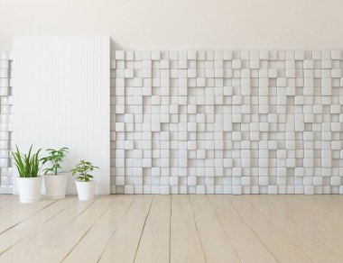 Beyaz boş bir İskandinav odası fikri. İçi ahşap zemin ve büyük duvarlarla dolu vazolarla dolu. İç kısımları kuzeyli. 3B illüstrasyon