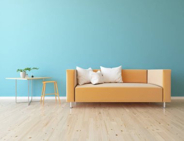 Mavi minimalist bir oturma odası ve ahşap zeminde bir kanepe. İç kısımları kuzeyli. 3B illüstrasyon