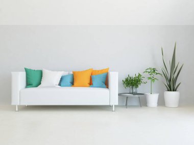 Beyaz minimalist oturma odasının içinde, ahşap zeminde kanepe var. İç kısımları kuzeyli. 3B illüstrasyon