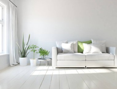 Beyaz minimalist oturma odasının içinde, ahşap zeminde kanepe var. İç kısımları kuzeyli. 3B illüstrasyon