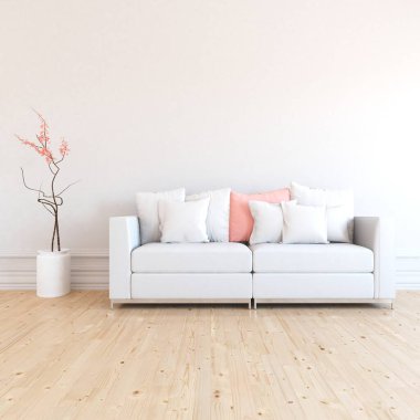 Beyaz minimalist oturma odasının içinde, ahşap zeminde kanepe var. İç kısımları kuzeyli. 3B illüstrasyon