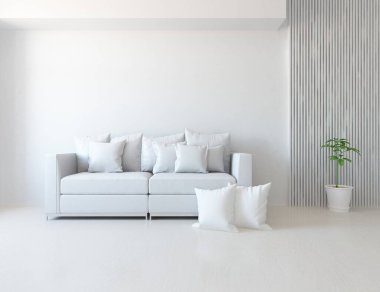 Beyaz minimalist oturma odasının içinde, ahşap zeminde kanepe var. İç kısımları kuzeyli. 3B illüstrasyon