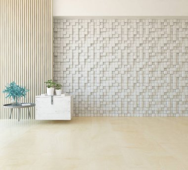 İçinde vazolar ve büyük duvarlar olan boş bir İskandinav odası fikri. İç kısımları kuzeyli. 3B illüstrasyon