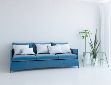 Minimalist bir oturma odası ve ahşap zeminde bir kanepe. İç kısımları kuzeyli. 3B illüstrasyon