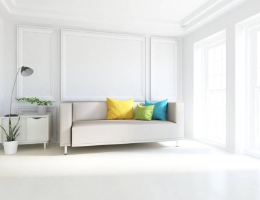 Beyaz minimalist oturma odasının içinde, ahşap zeminde kanepe var. İç kısımları kuzeyli. 3B illüstrasyon