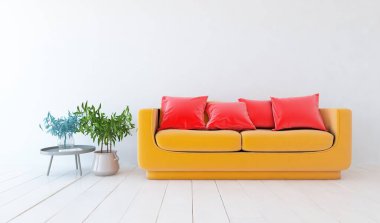 Minimalist bir oturma odası ve ahşap zeminde bir kanepe. İç kısımları kuzeyli. 3B illüstrasyon