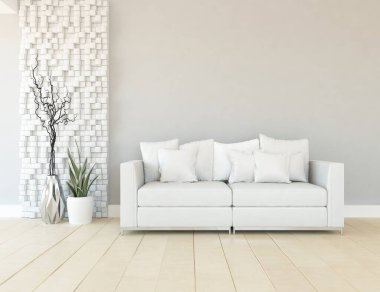 Beyaz minimalist oturma odasının içinde, ahşap zeminde kanepe var. İç kısımları kuzeyli. 3B illüstrasyon