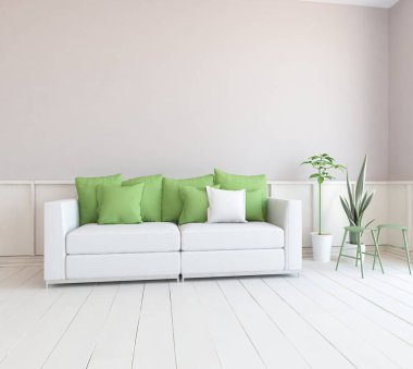 Beyaz minimalist oturma odasının içinde, ahşap zeminde kanepe var. İç kısımları kuzeyli. 3B illüstrasyon