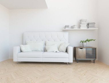 Beyaz minimalist oturma odasının içinde, ahşap zeminde kanepe var. İç kısımları kuzeyli. 3B illüstrasyon