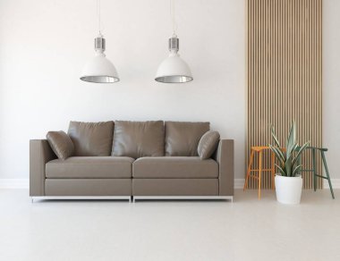 Minimalist bir oturma odası ve ahşap zeminde bir kanepe. İç kısımları kuzeyli. 3B illüstrasyon