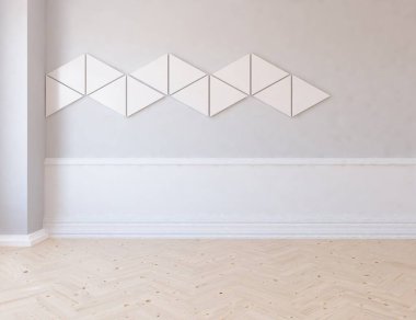 Minimalist, içi ahşap zeminli boş bir oda. İç kısımları kuzeyli. 3B illüstrasyon