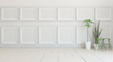 Beyaz boş bir İskandinav odası fikri. İçi ahşap zemin ve büyük duvarlarla dolu vazolarla dolu. İç kısımları kuzeyli. 3B illüstrasyon