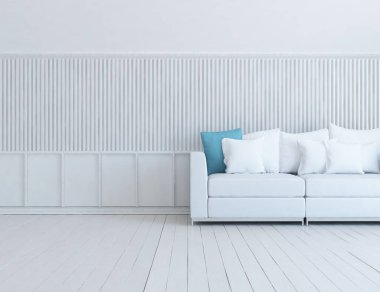 Beyaz minimalist oturma odasının içinde, ahşap zeminde kanepe var. İç kısımları kuzeyli. 3B illüstrasyon