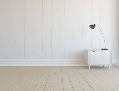 İçi lambayla dolu boş minimalist oda. Arkaplan iç mimarisi. İç kısımları kuzeyli. 3B illüstrasyon