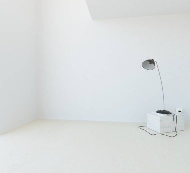 İçi lambayla dolu boş minimalist oda. Arkaplan iç mimarisi. İç kısımları kuzeyli. 3B illüstrasyon