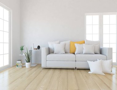 Beyaz minimalist oturma odasının içinde, ahşap zeminde kanepe var. İç kısımları kuzeyli. 3B illüstrasyon