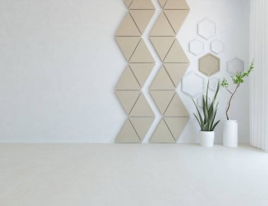 Dekoratif unsurlarla dolu boş bir İskandinav odası fikri. İç kısımları kuzeyli. 3B illüstrasyon 