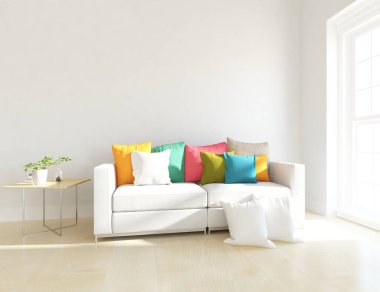 Beyaz minimalist oturma odasının içinde, ahşap zeminde kanepe var. İç kısımları kuzeyli. 3B illüstrasyon