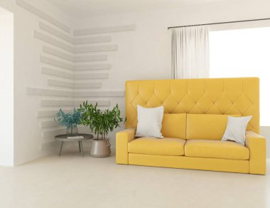 Minimalist bir oturma odası ve ahşap zeminde bir kanepe. İç kısımları kuzeyli. 3B illüstrasyon