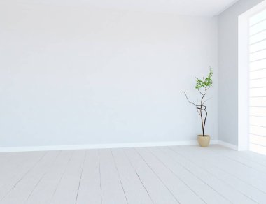 Dekoratif unsurlarla dolu boş bir İskandinav odası fikri. İç kısımları kuzeyli. 3B illüstrasyon 