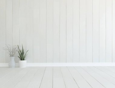 Dekoratif unsurlarla dolu boş bir İskandinav odası fikri. İç kısımları kuzeyli. 3B illüstrasyon 