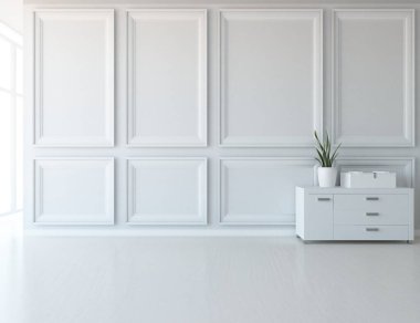 Dekoratif unsurlarla dolu boş bir İskandinav odası fikri. İç kısımları kuzeyli. 3B illüstrasyon 