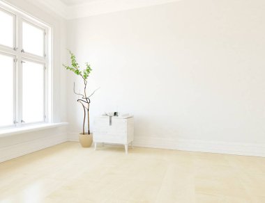 Dekoratif unsurlarla dolu boş bir İskandinav odası fikri. İç kısımları kuzeyli. 3B illüstrasyon 