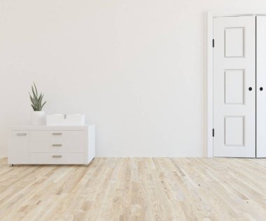 Minimalist, içi ahşap zeminli boş bir oda. İç kısımları kuzeyli. 3B illüstrasyon