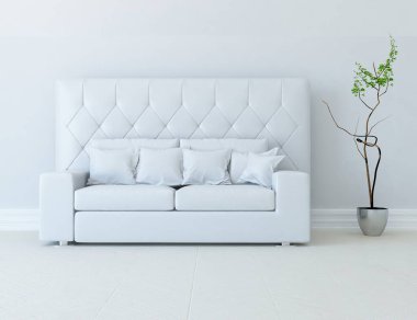 Beyaz minimalist oturma odasının içinde, ahşap zeminde kanepe var. İç kısımları kuzeyli. 3B illüstrasyon