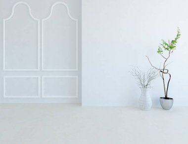 Dekoratif unsurlarla dolu boş bir İskandinav odası fikri. İç kısımları kuzeyli. 3B illüstrasyon 