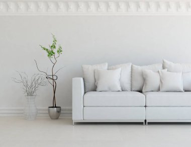 Minimalist bir oturma odası ve ahşap zeminde bir kanepe. İç kısımları kuzeyli. 3B illüstrasyon