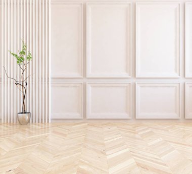 Minimalist, içi ahşap zeminli boş bir oda. İç kısımları kuzeyli. 3B illüstrasyon