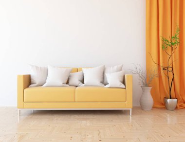 Minimalist bir oturma odası ve ahşap zeminde bir kanepe. İç kısımları kuzeyli. 3B illüstrasyon