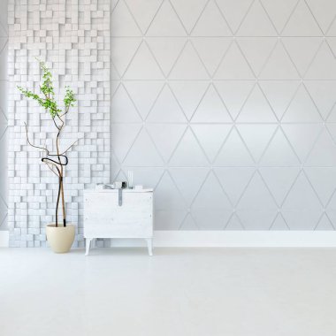 Minimalist, içi ahşap zeminli boş bir oda. İç kısımları kuzeyli. 3B illüstrasyon