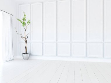 Dekoratif unsurlarla dolu boş bir İskandinav odası fikri. İç kısımları kuzeyli. 3B illüstrasyon 