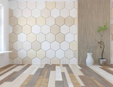 Dekoratif unsurlarla dolu boş bir İskandinav odası fikri. İç kısımları kuzeyli. 3B illüstrasyon 