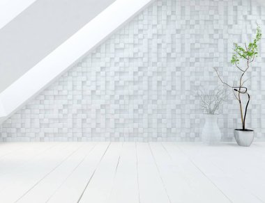 İçinde vazolar ve büyük duvarlar olan boş bir İskandinav odası fikri. İç kısımları kuzeyli. 3B illüstrasyon