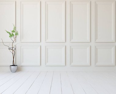 İçinde vazolar ve büyük duvarlar olan boş bir İskandinav odası fikri. İç kısımları kuzeyli. 3B illüstrasyon