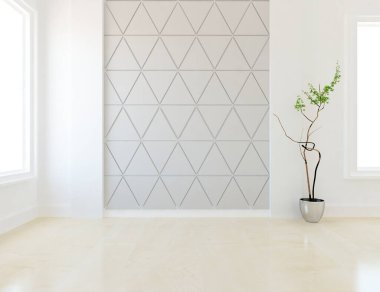 İçinde vazolar ve büyük duvarlar olan boş bir İskandinav odası fikri. İç kısımları kuzeyli. 3B illüstrasyon