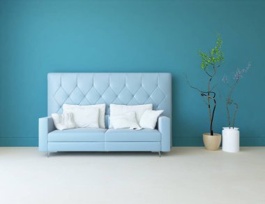 Mavi minimalist bir oturma odası ve ahşap zeminde bir kanepe. İç kısımları kuzeyli. 3B illüstrasyon