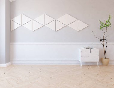 İçinde vazolar ve büyük duvarlar olan boş bir İskandinav odası fikri. İç kısımları kuzeyli. 3B illüstrasyon