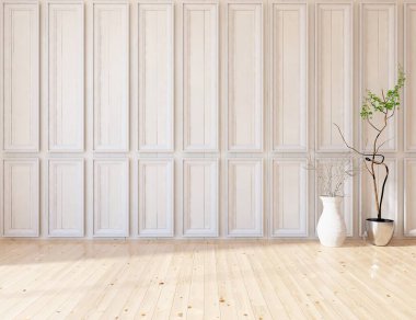 İçinde vazolar ve büyük duvarlar olan boş bir İskandinav odası fikri. İç kısımları kuzeyli. 3B illüstrasyon