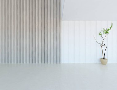 İçinde vazolar ve büyük duvarlar olan boş bir İskandinav odası fikri. İç kısımları kuzeyli. 3B illüstrasyon