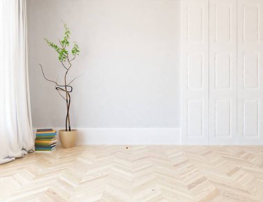 İçinde vazolar ve büyük duvarlar olan boş bir İskandinav odası fikri. İç kısımları kuzeyli. 3B illüstrasyon