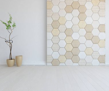 İçinde vazolar ve büyük duvarlar olan boş bir İskandinav odası fikri. İç kısımları kuzeyli. 3B illüstrasyon